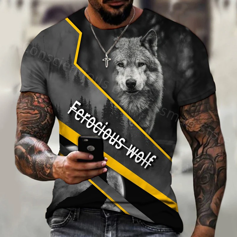 Ferocious wolf T-shirt Wolf Animals 3D Print T-Shirt Men Clothes Short Sleeve Men's clothing Streetwear Tops Vintage men t-shirt kbq streetwear