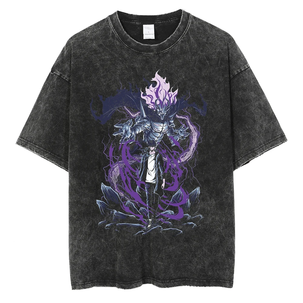 Männer Frauen Vintage Gewaschene Baumwolle T Shirt Streetwear Anime Solo Nivellierung Grafik Drucken Tops Harajuku Lose Kurzarm T-shirts – Detail 15
