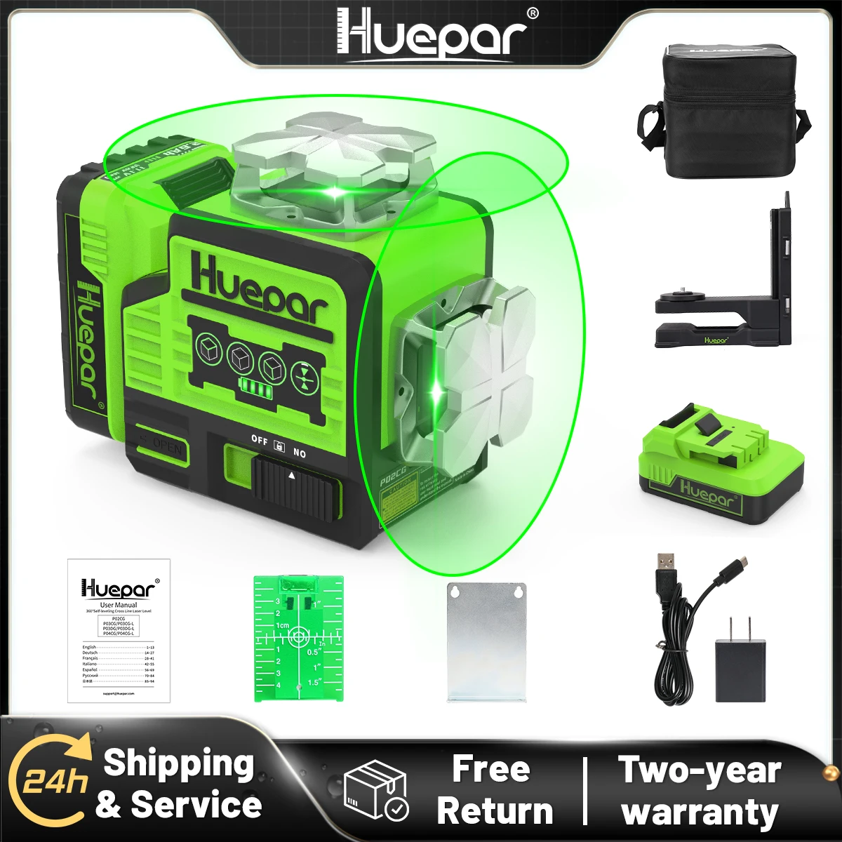 Huepar P02CG 2 x 360 Cross Line Laser Level Self-leveling Green Beams Level Tools with Bluetooth & Remote Control With Carry Bag