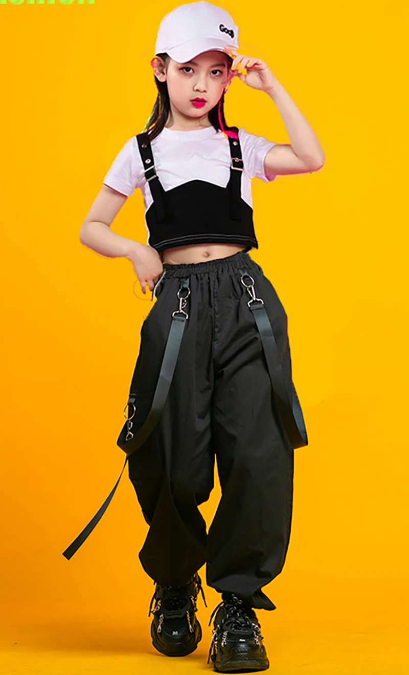 Kids Punk Streetwear Jazz Costume Girls Hip Hop Clothing Crop Top Cargo Pants Neck Mesh Skirt Sets Teenage Street Dance Clothes