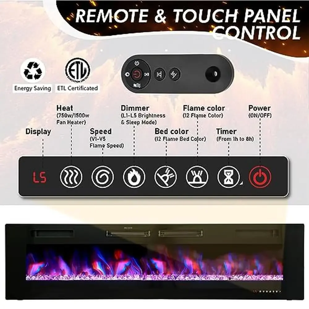 72" Electric Fireplace Remote Control Touch Screen Linear Heater Reversible Installation Adjustable Heat Levels Energy Efficient 3