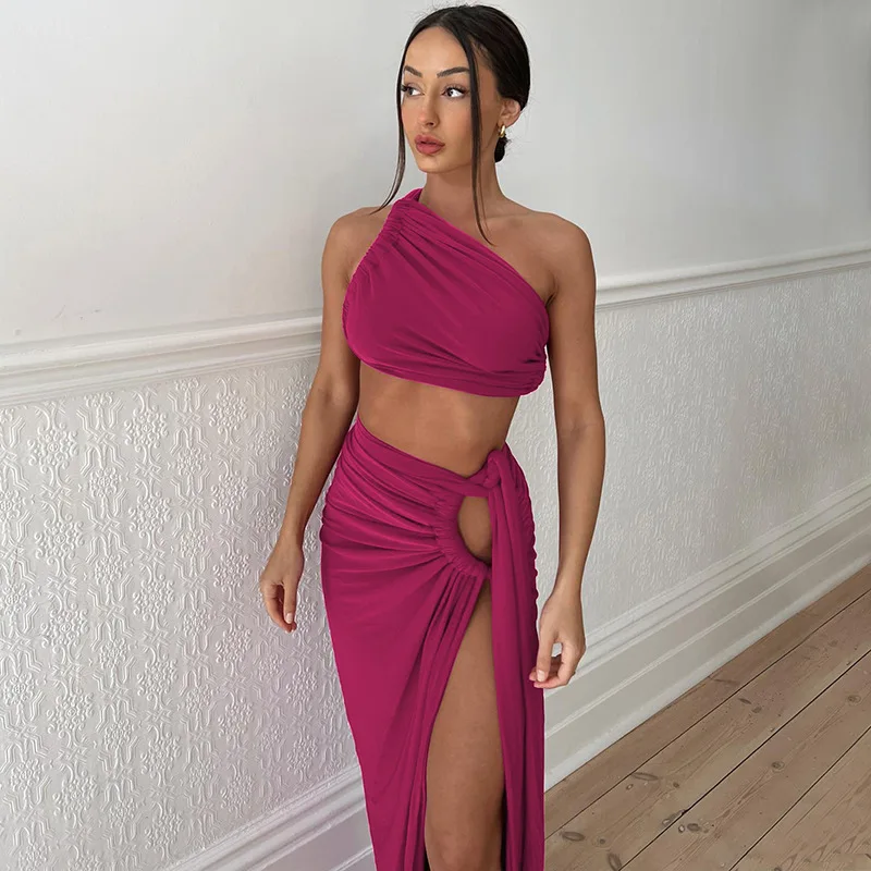 SKMY 2 Piece Sets Women Outfit 2023 Autumn New Sexy Open Back One Shoulder Crop Top Slim Fit Split Skirt Set Solid Color