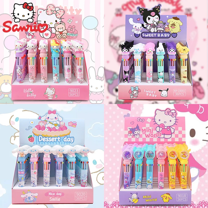 

36pcs Cartoon Cute Sanrio Hello Kitty Cinnamoroll Kuromi 10 Colours Ballpoint Pen Press Pen Student Stationery Kids Gifts