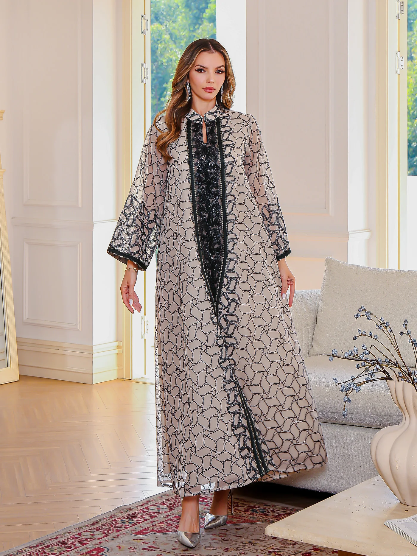 Luxury Embroidered Geometric Abaya Dress Polyester Long