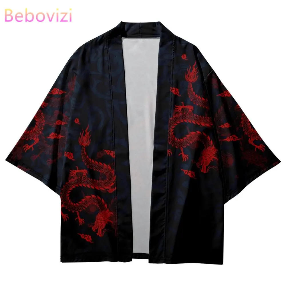 Traditional  Yukata Robe Anime Dragon Print Japanese Kimono Women Men Haori Clothing Beach Cardigan Oversized Top Plus Size