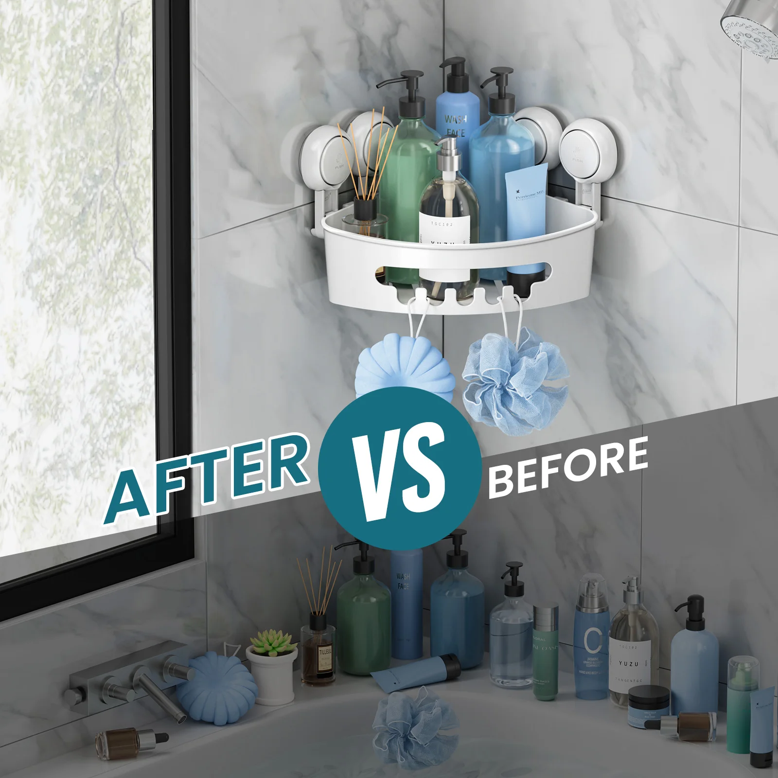 TAILI Corner Shower Caddy Suction Cup No-Drilling Removable Shower Caddy Basket Powerful Suction Bathroom Shower Shelf Organizer 4