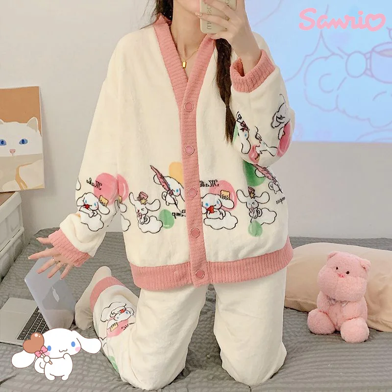

Sanrio Cinnamoroll Kuromi Kawaii Coral Velvet Pyjamas Female Autumn Padded Thickened Cartoon Cute Flannel Winter Homewear Suit