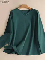 ZANZEA Autumn Women Vintage Cotton Blouse Fashion Solid Loose Shirt Work Tunic Blusas Mujer 2024 Female V Neck Long Sleeve Tops - Image 5