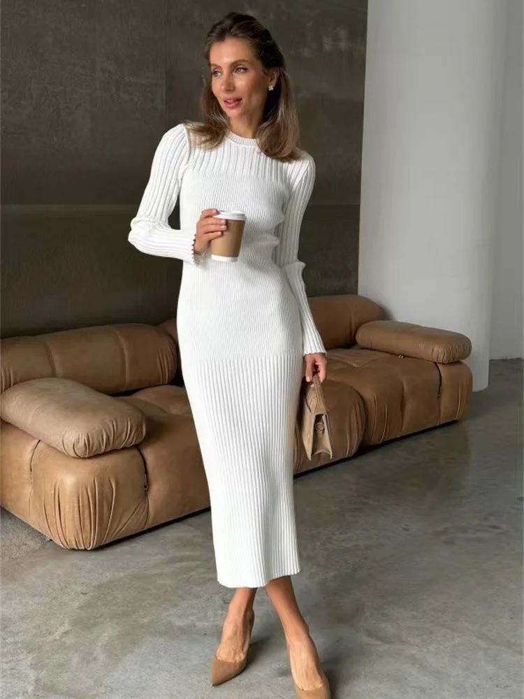 Wmstar Dress Women Wholesale Long Sleeved Autumn Winter Sweater for Knitted Round Neck Striped Solid Color Tight One Piece 2025