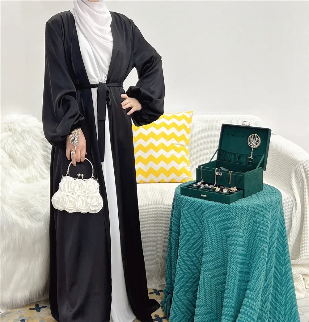 Muslim Fashion Clothing Women's Dubai Arab Puff Sleeve Lace Up Ramadan Dress Elegant Waist Closing Robe Türkiye Cardigan Robe