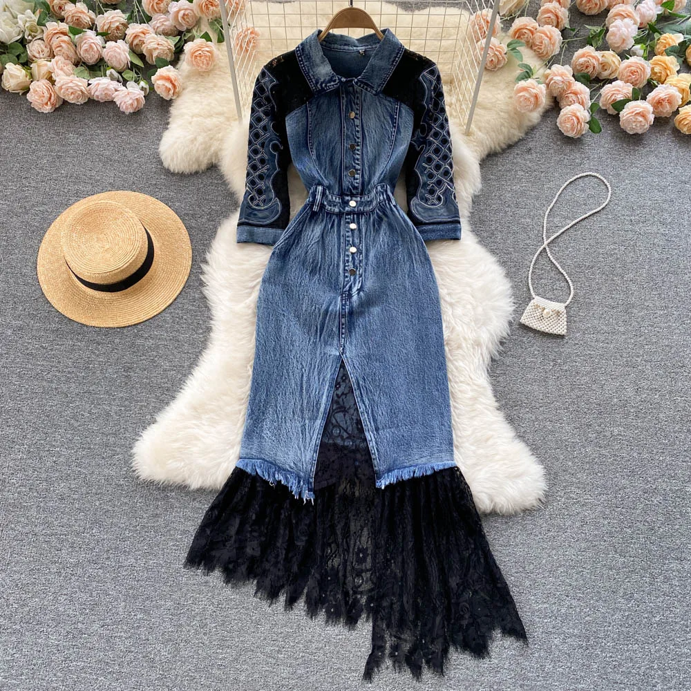 

Light mature style high-end celebrity female lace stitched denim Dresses chic design, waist bag hip fishtail