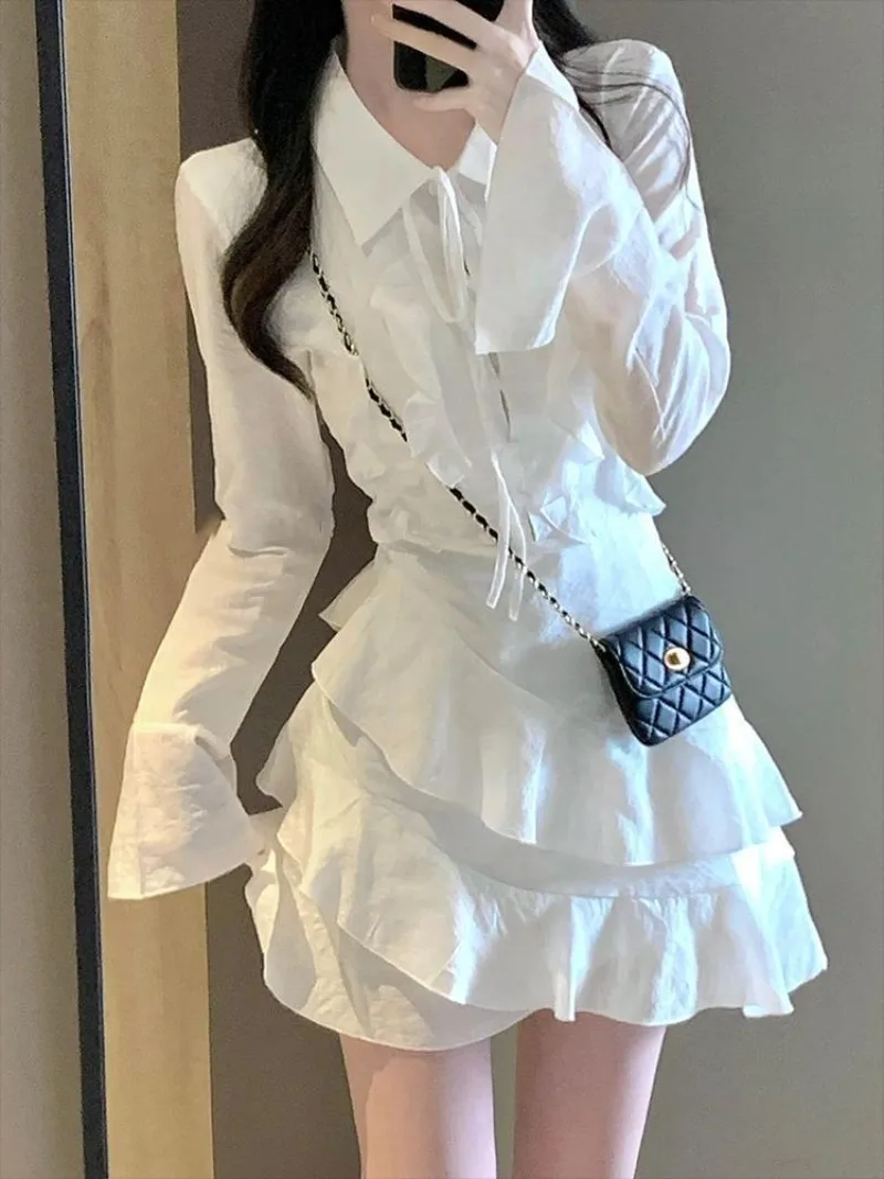 

Korean Sweet Polo Neck Flounce Dress Women Fashion Lace Up Bow College Irregular Flare Sleeves Solid Slim Spring Female Wear New