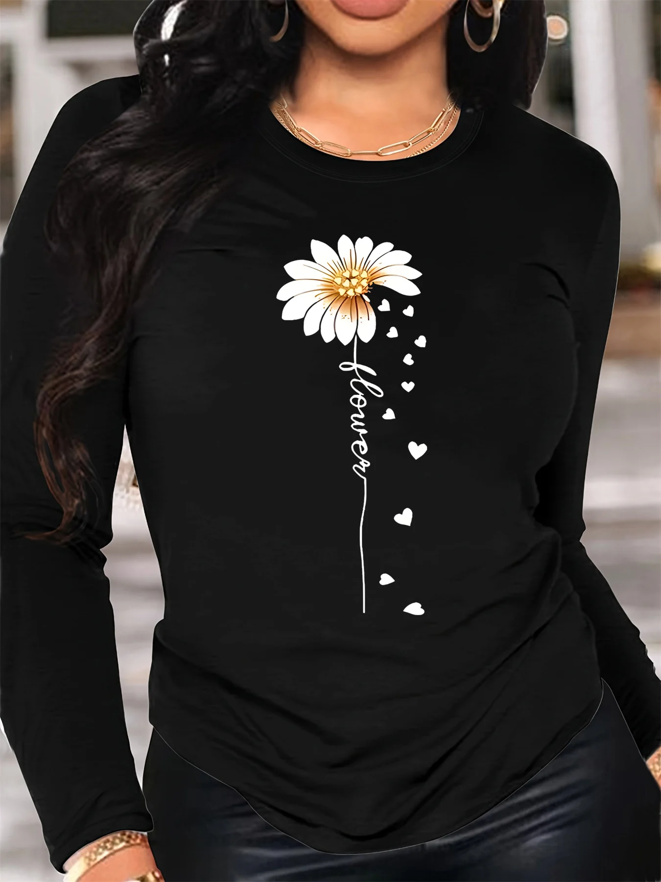 تي شيرت نسائي قطن 100% للربيع والخريف مريح بأكمام طويلة أبيض عباد الشمس بنمط متقاطع مطبوع برقبة دائرية