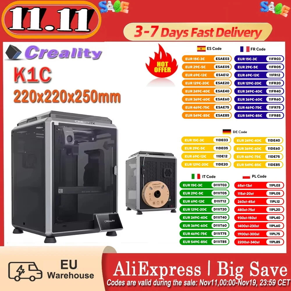 Creality K1C 3D-Drucker 600 mm/s Höchstgeschwindigkeit Ai-Kamera Schnellwechseldüse Ganzmetall-Extruder druckt Kohle-Luftfilter Stiller Modus