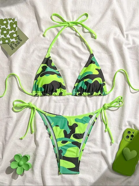 Sexy Green Camouflage Print Micro Bikini 2025 Women Halter Push Up Tie Side Thong Swimsuit Brazilian Beach Bathing Suit Swimwear 1