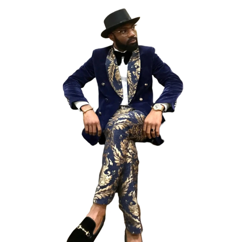 Men Double Breasted Suits Wedding Navy Blue Floral Groom Tuxedo Velvet Blazer with Pants Formal Shawl Lapel Party Wear