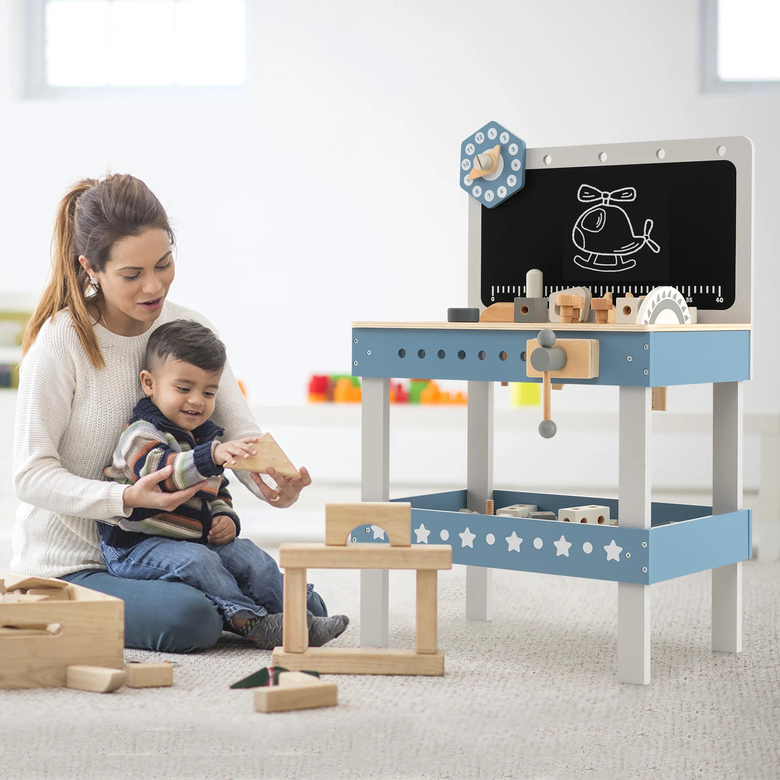 Kids Wooden Toy Workbench Toddler Pretend Play Tool Bench Workshop w/Accessories 5