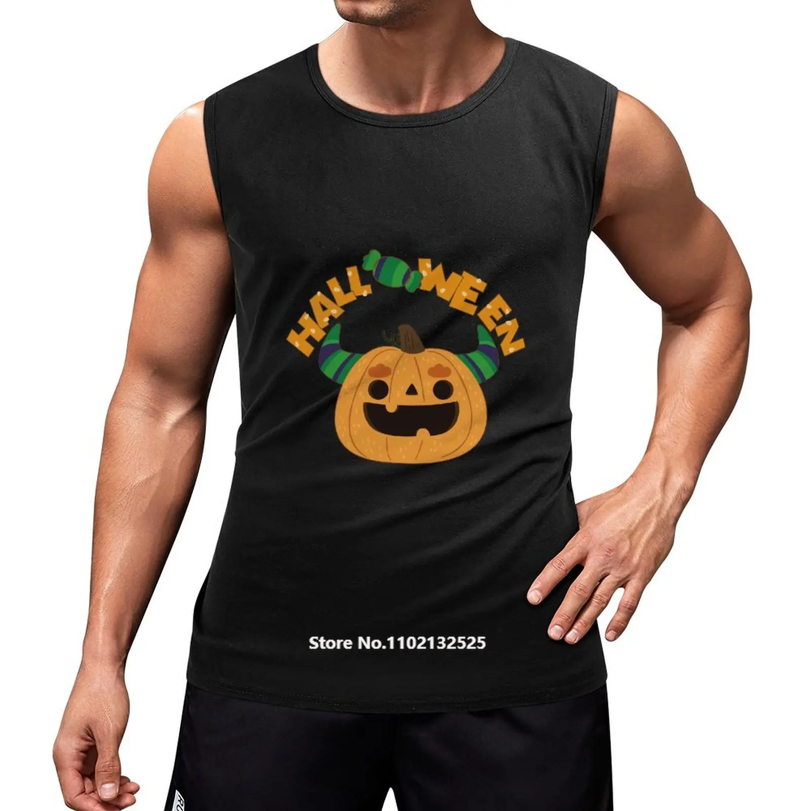 

Halloween Pumpkin Men Cotton Tank Tops Printed Skull Skeleton Sleeveless T-shirt Fashion Crewneck Sports Vest