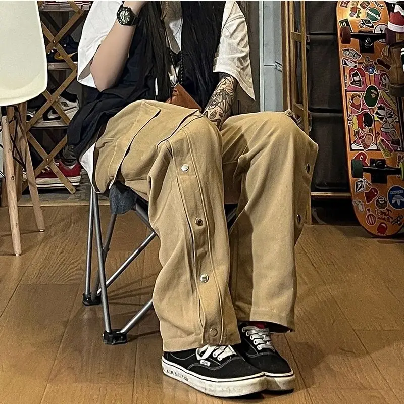 Summer New Solid Color Fashion Elastic Waist Cargo Pants Man Drawstring Pockets Patchwork Button Pure Cotton Y2K Straight Pants