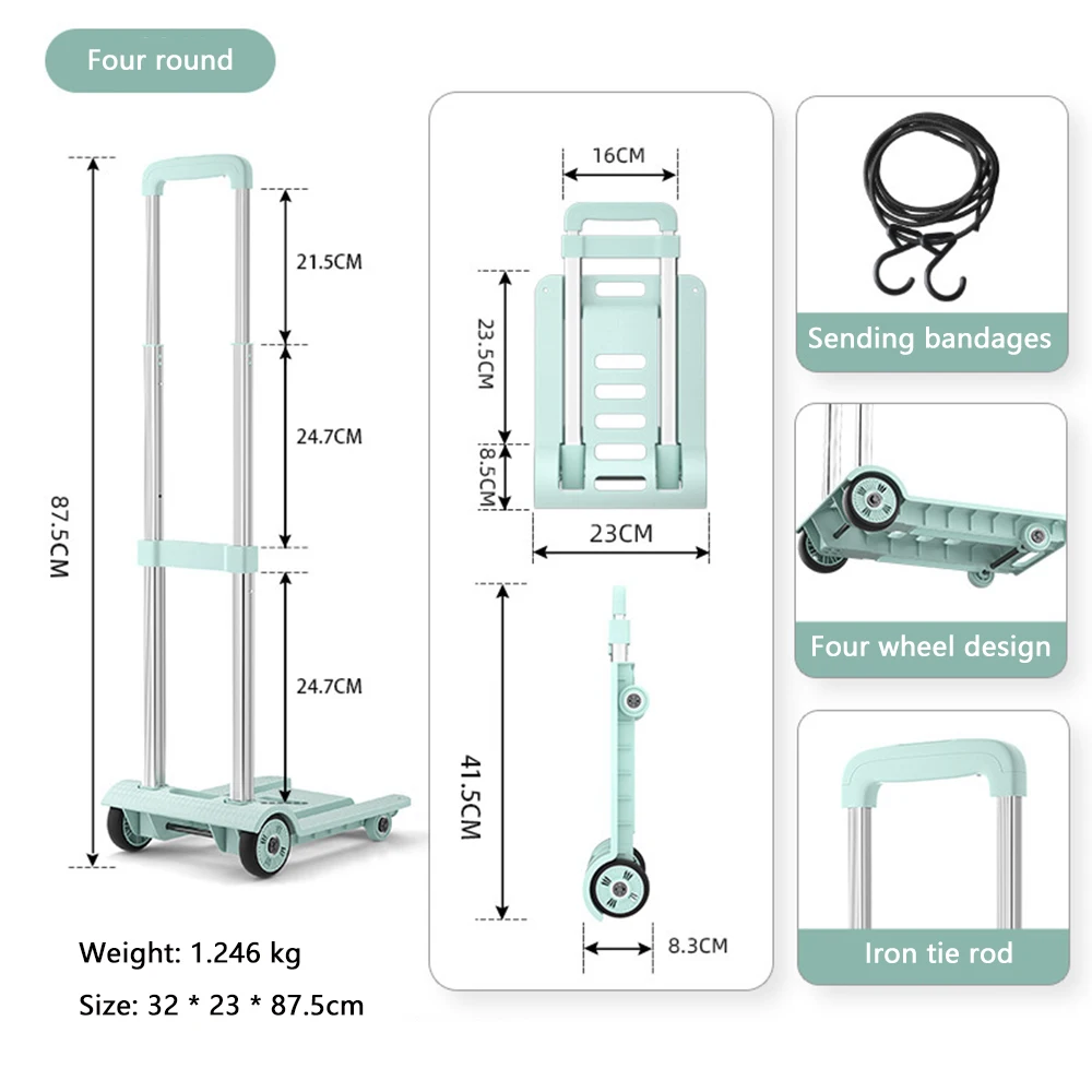 

Four Wheels Folding Trolley Cart Shopping Luggage Pickup Delivery Cart Sturdy Durable Portable Household Folding Hand Trolley