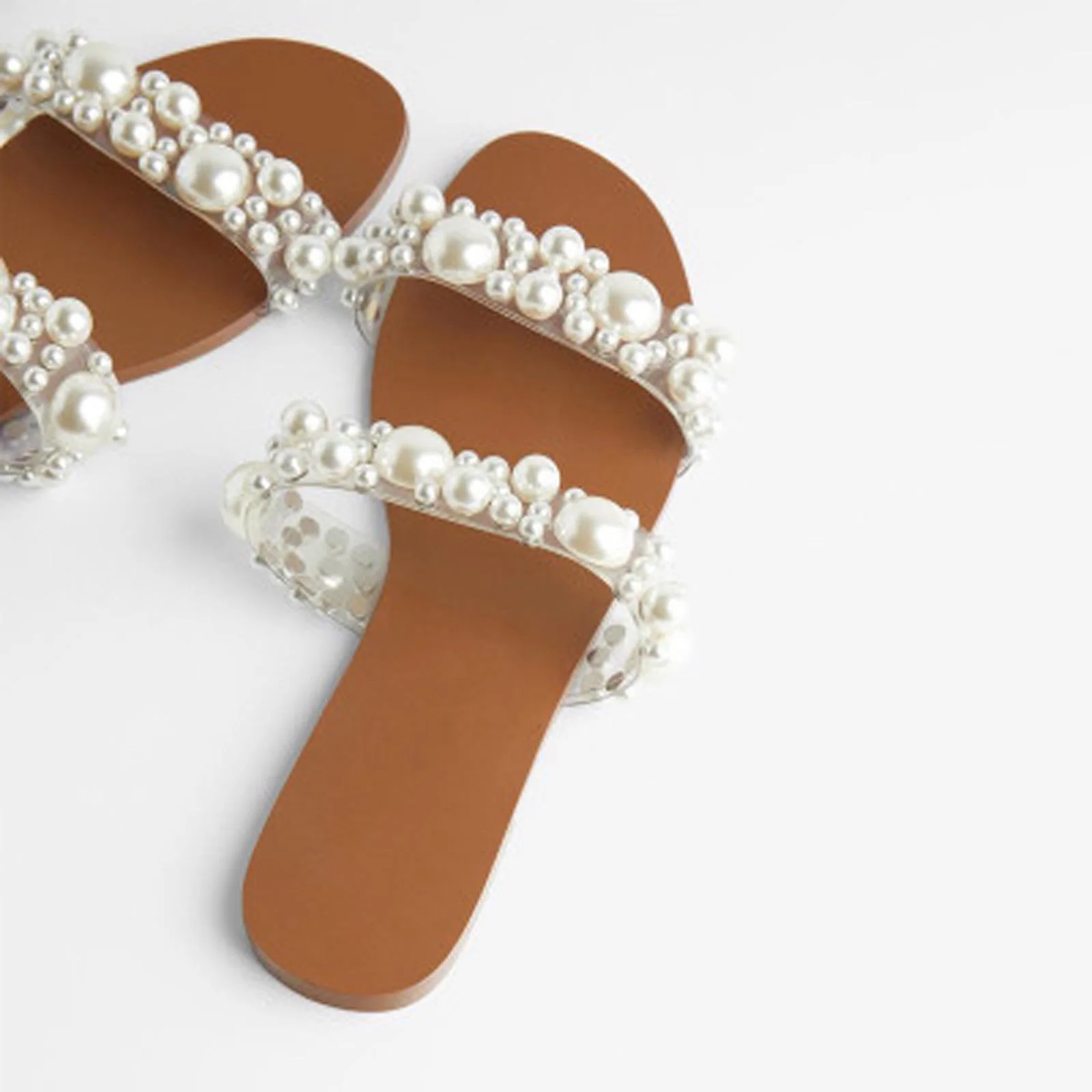VonVonCo Sandals for Women Flip Flops Slippers Shoes Open Toe Transparent Flat Bottom Pearl Versatile Crystal Sandals Shoes 