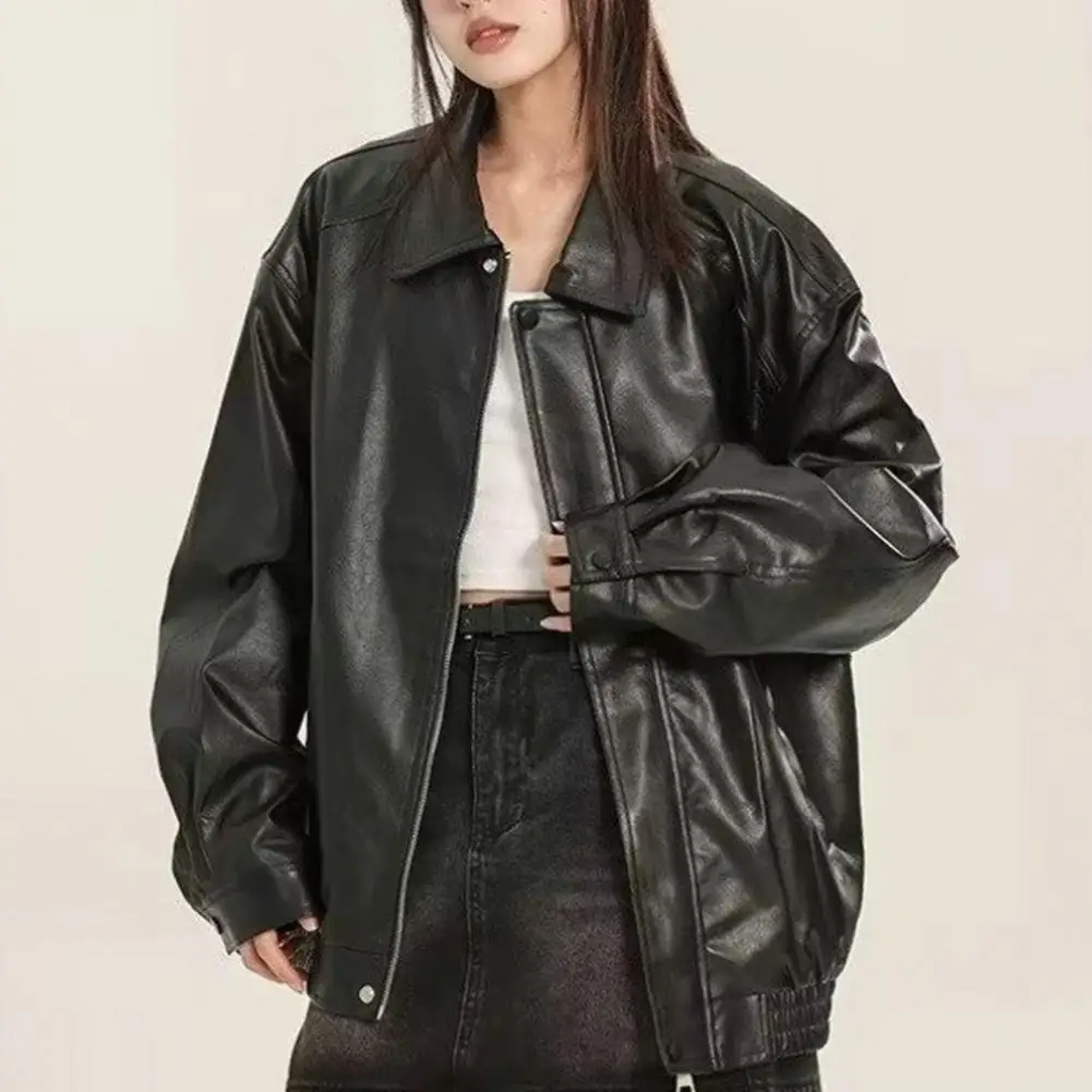 Women Jacket with Pocket Vintage American Style Women's Faux Leather Jacket  Loose Fit Zipper Pocket Long Sleeves Oversized