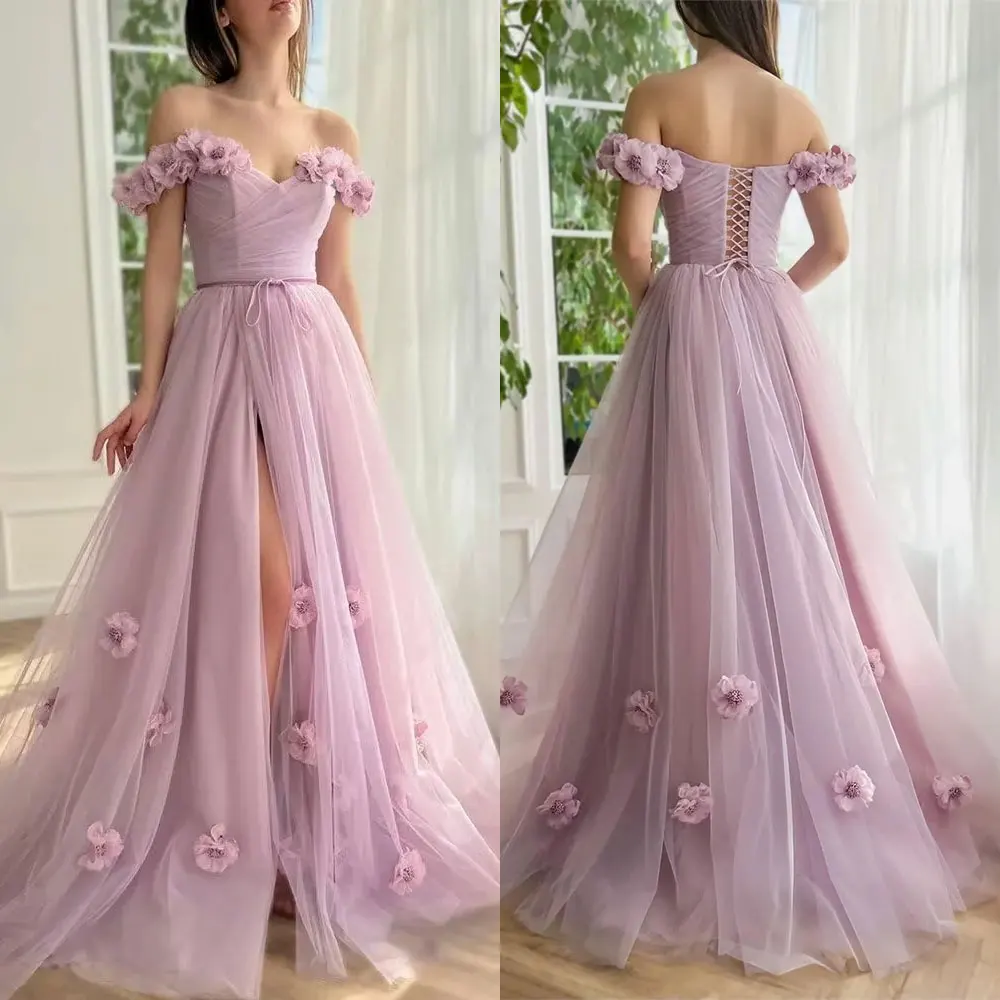 Amazing Lilac Sweetheart Off-The-Shoulder Tulle Evening Dress With Appliques Y5842 main image 0