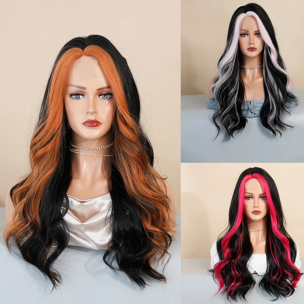 

Long Wavy Black Orange Pink Highlights Synthetic Wigs for Afro Black Women Halloween Party Cosplay Daily Heat Resistant Hair