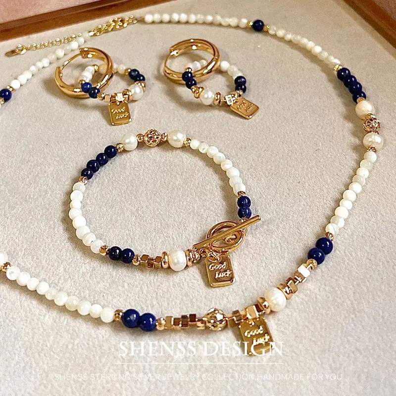 

High Quality Exclusive Design Bracelet Necklace Earring Natural Freshwater Pearl Lapis Lazuli Shell Pearl Jewelry For Women