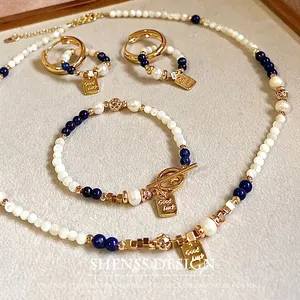 High Quality Exclusive Design Bracelet Necklace Earring Natural Freshwater Pearl Lapis Lazuli Shell Pearl Jewelry For Women