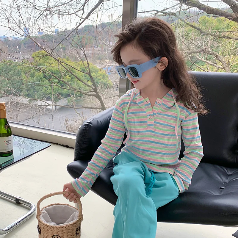 

Детская одежда топ для девочек Детская цветная полосатая Толстовка Новинка весна-осень 2023 Модный милый Тонкий Повседневный Топ в Корейском стиле