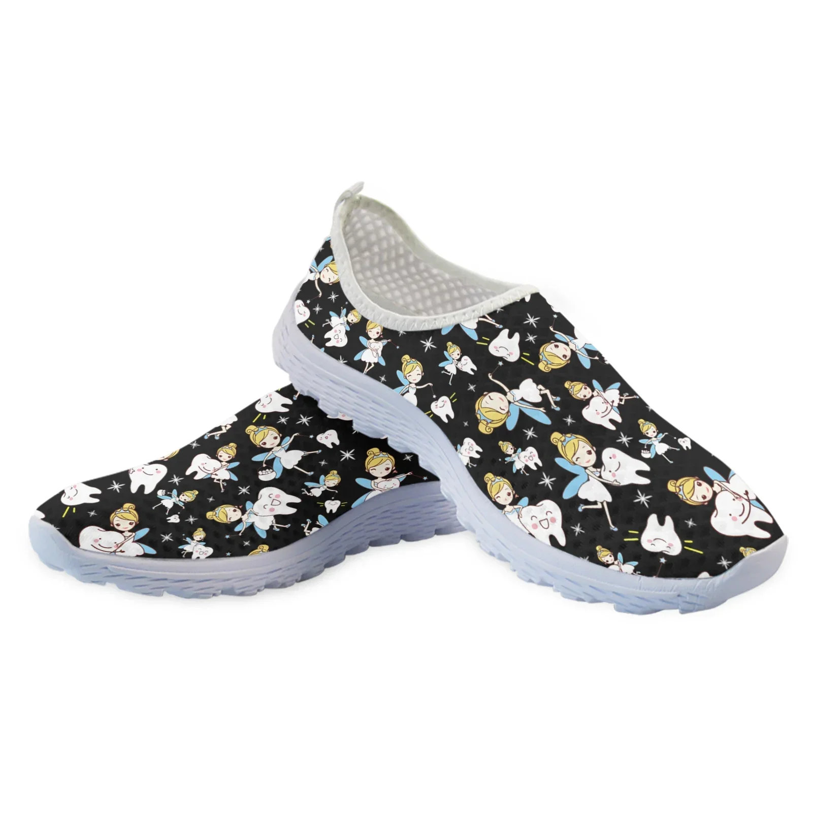 Cute Cartoon Nurse Elf/Teeth Print Casual Breathable Summer Shoes Black Mesh Shoes Casual Zapatos Planos De Mujer
