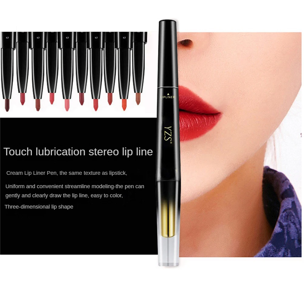 Lipgloss Double Head Lipstick Cosmetics Lip Liner Pencil Non-stick Cup Lipstick Lipliner Pen 8 Color Lips Makeup Red Lip Tint 3