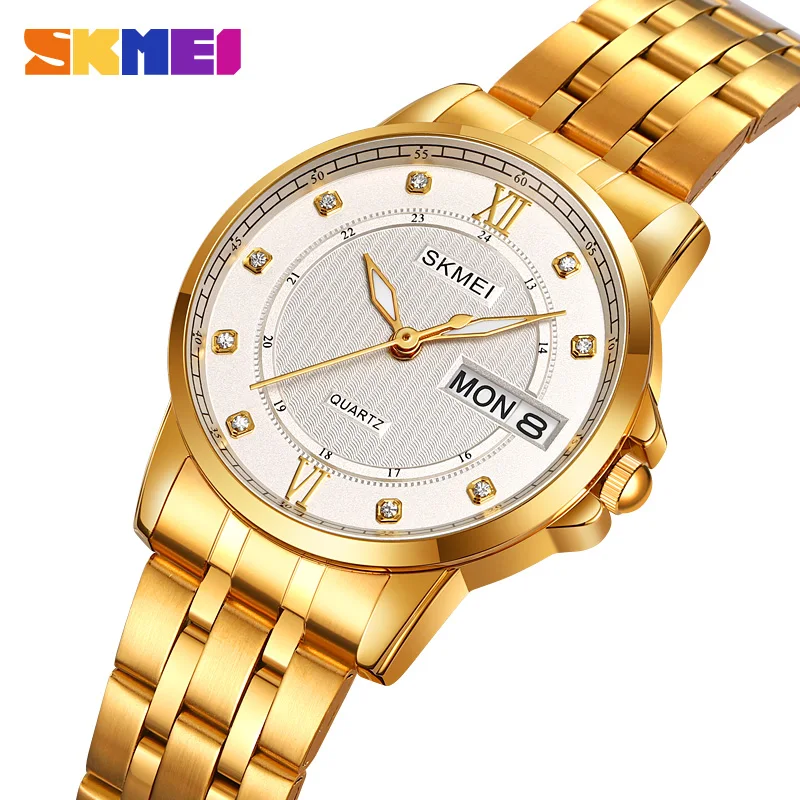 

Женские кварцевые часы со стальным ремешком SKMEI, роскошные оригинальные классические часы для пар, показывающие время и неделю, 2085