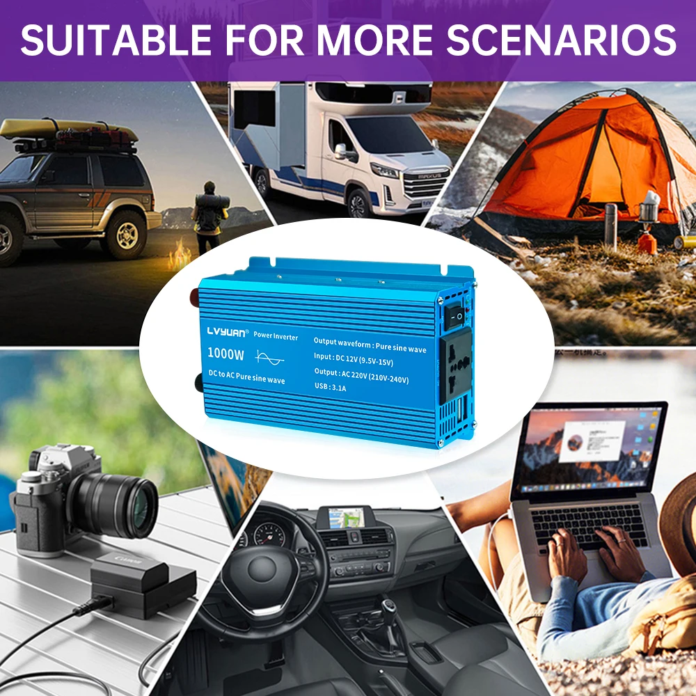 Car Converter 12V/24V To 220V Pure Sine Wave 1000W/1500W/2200W Solar Energy Battery Voltage Transformer 50Hz