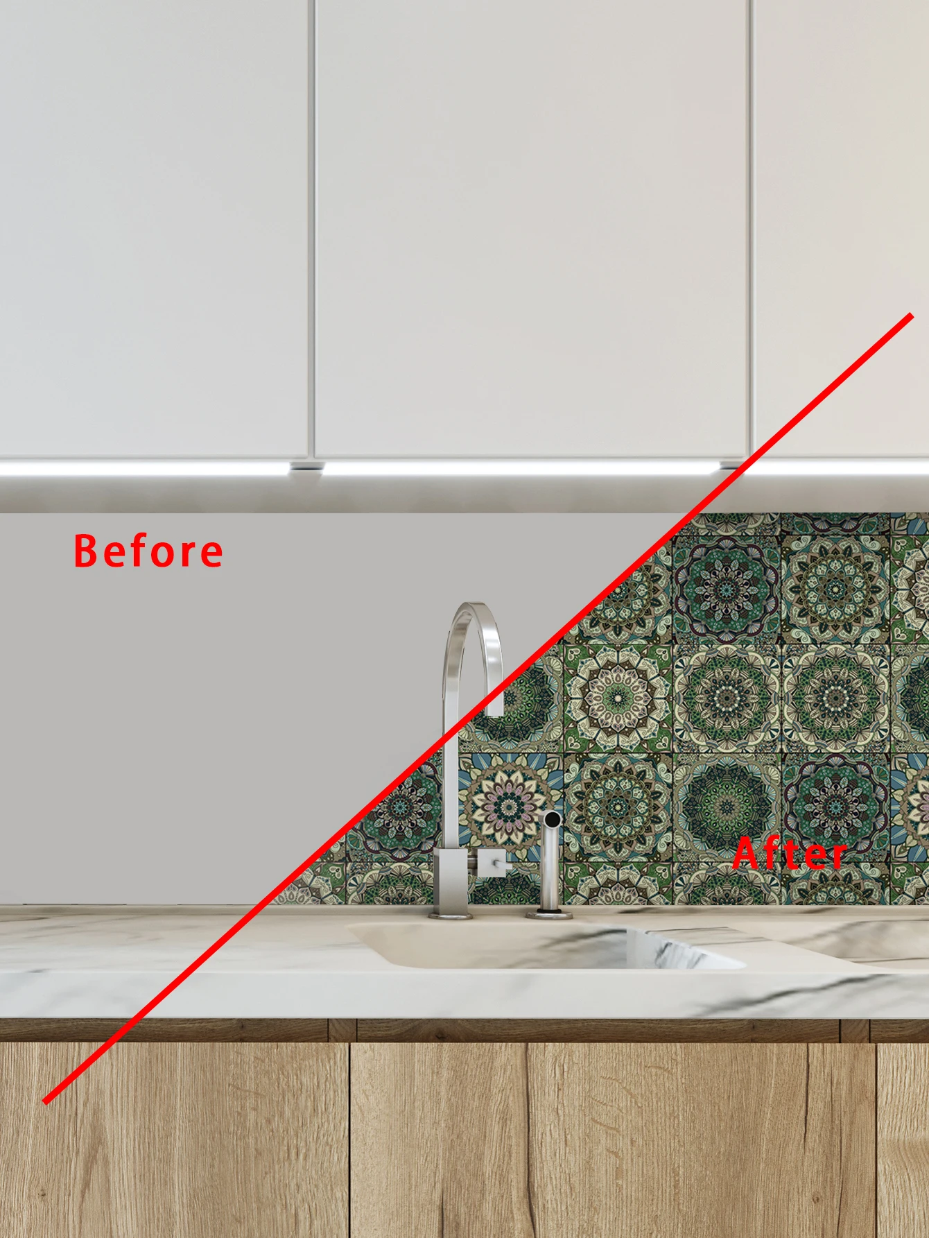 Kitchen Wall Sticker Green Mandala Style Thickened Moisture-proof Waterproof Background Beautification Decorative 1 roll