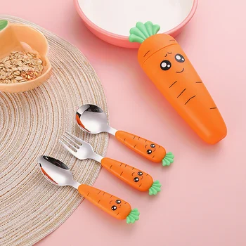 1 pz/1 set carota set stoviglie per bambini cucchiaio e forchetta in acciaio inox posate con scatola alimentazione del bambino stoviglie da cucina forniture 1