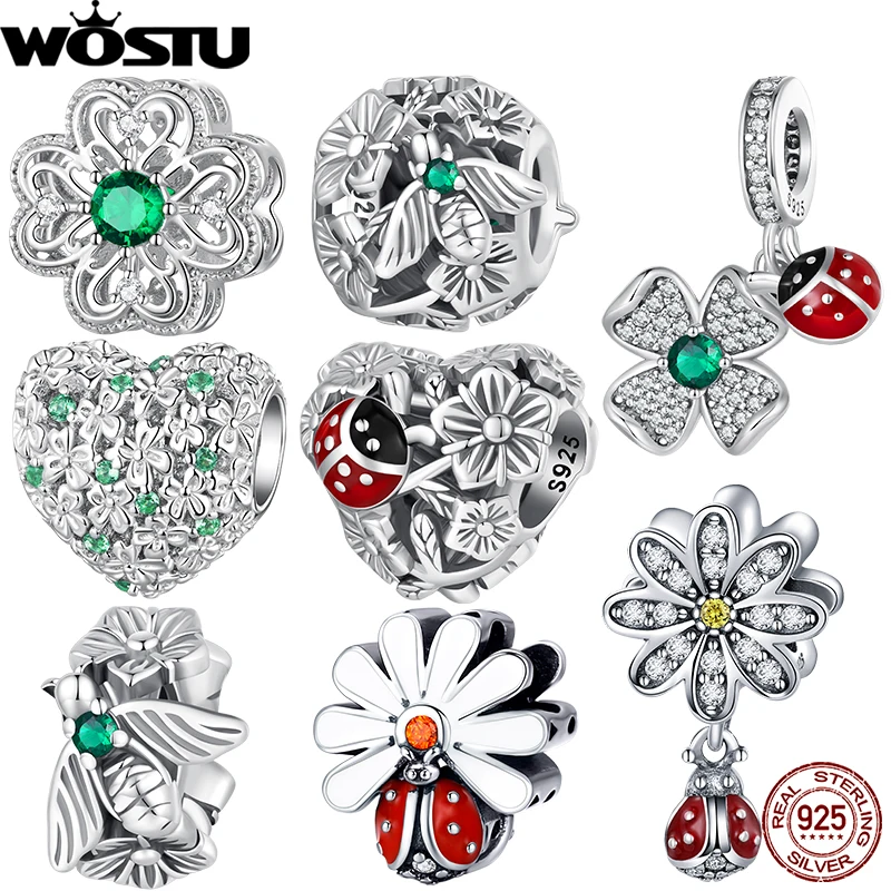 

WOSTU 925 Sterling Silver Four-Leaf Clover Lucky Charm Ladybug Green Zircon Beads Bee Pendant Fit Original Bracelet Bangle DIY