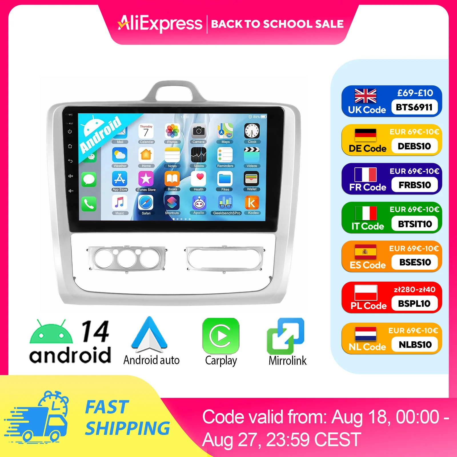 ESSGOO Android 14 9" Wireless Carplay Android auto Car stereo radio For Ford Focus MK2 2004-2011 GPS NAVI SWC FM BT WIFI RDS USB
