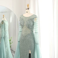 Luxury Dubai Mermaid Lilac Evening Dress with Cape Sleeves Slit Elegant Sage Green Women Wedding Party Gowns 178 1