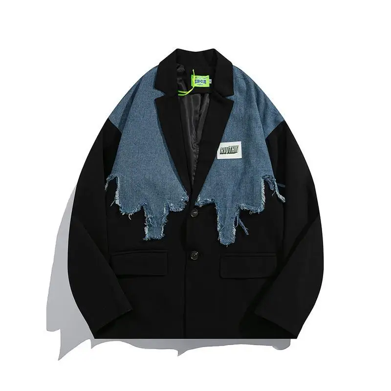 Fashion Denim Patchwork Women's Blazers Notched Collar Single Breasted Tassel Vintage Jacket Autumn 2023 New