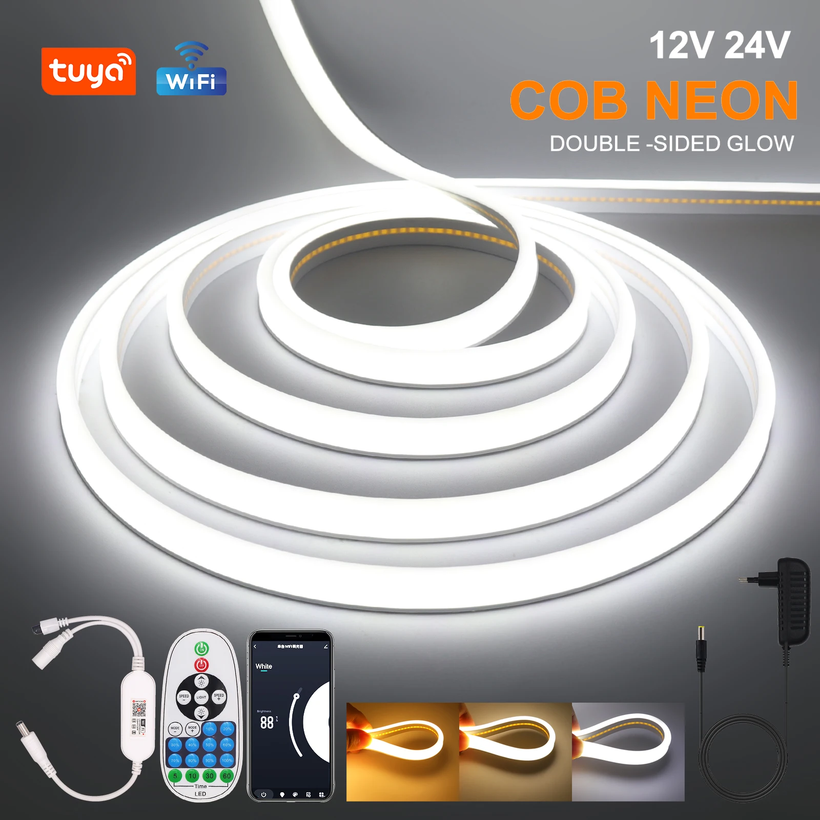 Description Picture 2 of item12V 24V WIFI Dimmerable COB Neon Strip 320Leds IP67 Waterproof Home Decor 3000K 4000K 6000K Flexible Ribbon Rope LED Light