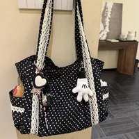Sac à bandoulière en toile Vintage coréen pour femmes, fourre-tout en dentelle de grande capacité, sac à main multi-poches, sac sous les bras à points ronds 1
