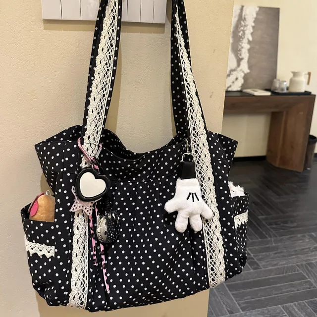 Sac à bandoulière en toile Vintage coréen pour femmes, fourre-tout en dentelle de grande capacité, sac à main multi-poches, sac sous les bras à points ronds 1