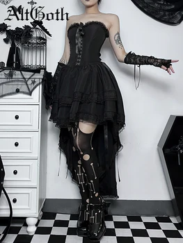 AltGoth Gothic Dark Halloween Black Dress Womem Palace Styel Lace Patchwork High Waist Corset Dress Nightclub Cosplay Partywear 1