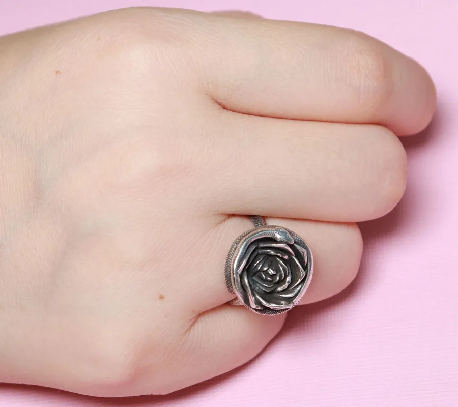 

13-17g Rose Flower Snake Serpent Romantic Women Wedding Rig 925 Solid Sterling Silver Ring