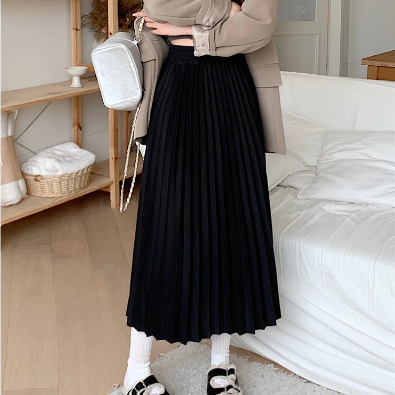 Autumn and Winter New Skirts Women Solid Color High-waisted A-line Slim Thin Elastic Waist Pleated Office Lady Long Skirt Female