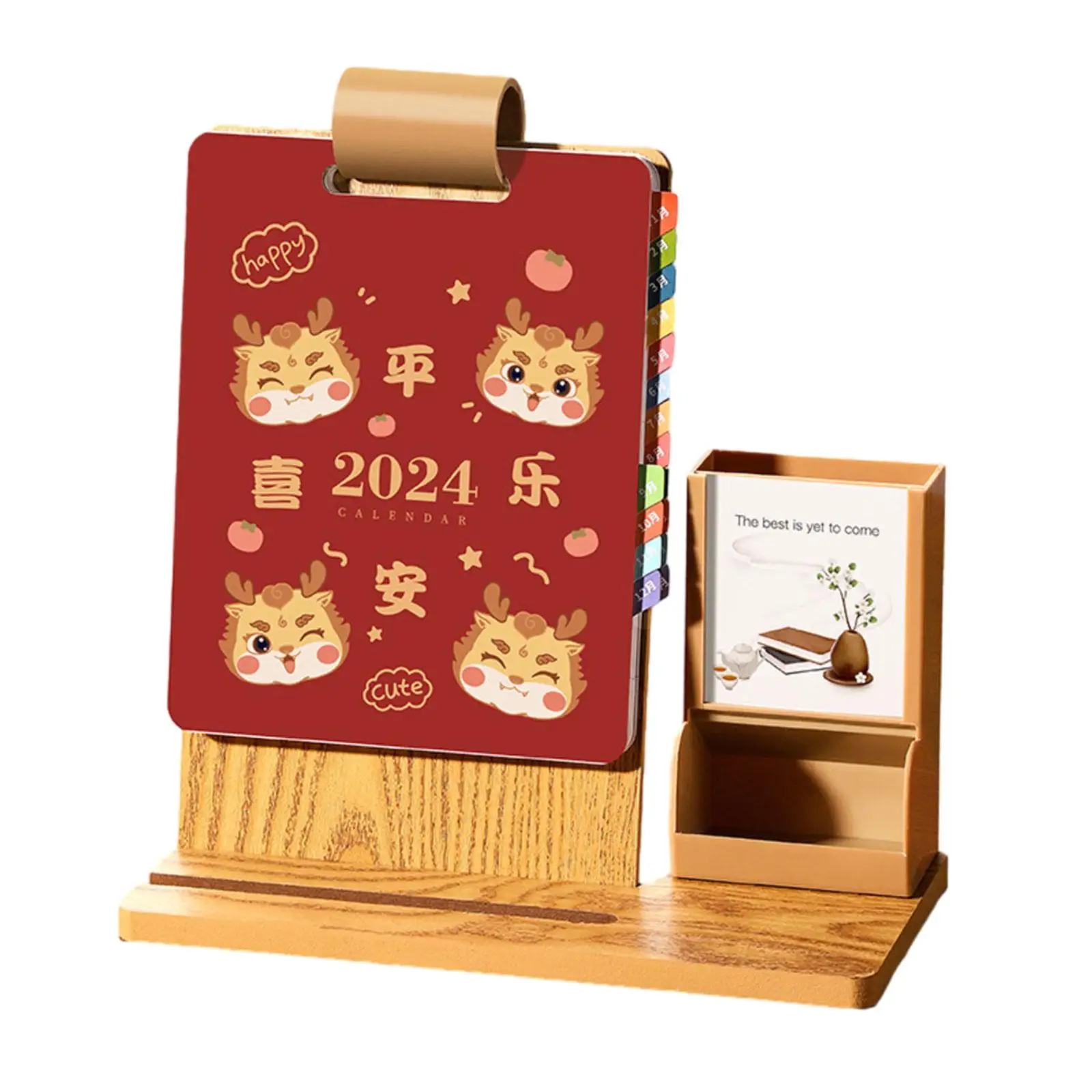 2024 Desk Calendar with Pen Holder Flip Wooden Calendar Storage Box Work Schedule Planner Work Schedule Calendar for Home Office