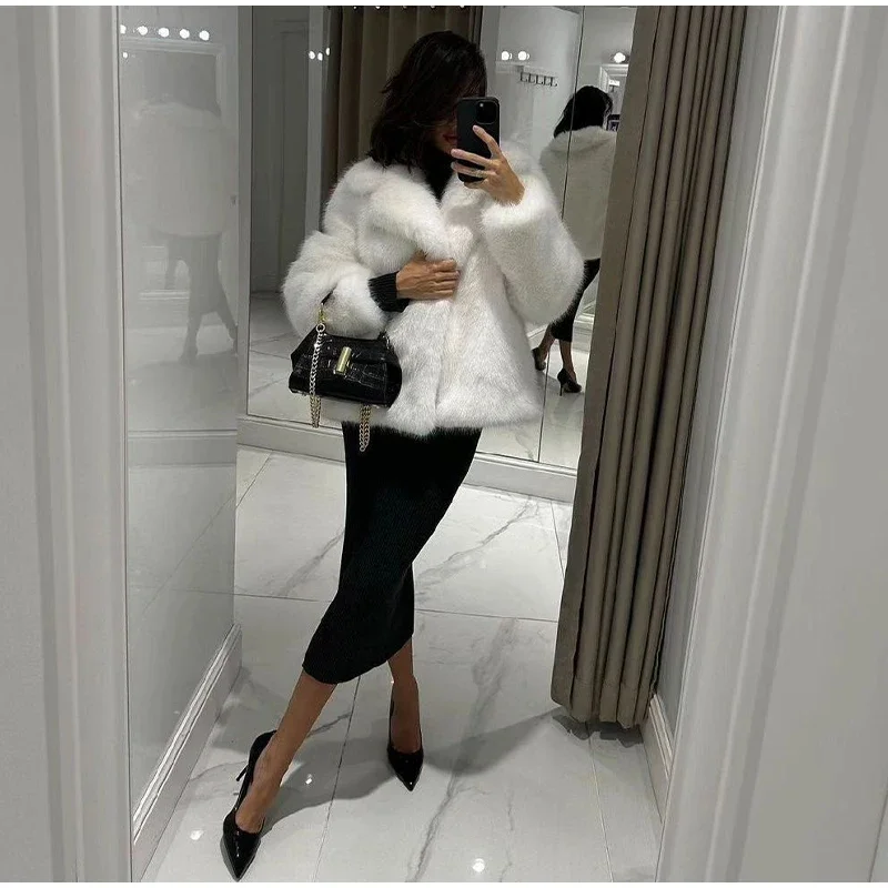 Fluffy Faux Fur Coat Women Elegant Loose Lapel Plush Long Sleeve Buckle Thick Jacket Autumn Winter Solid Warm Overcoat New