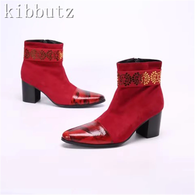 Pointed Toe Red Suede Leather Men's Ankle Boots 8cm High Heeled Printed Decor Zipper Boots Male Banquet Party Botas